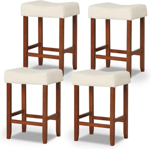 Vista 15 de COSTWAY Juego de 2 taburetes de madera sin respaldo de 25 pulgadas con borde de cabeza de clavo, marco de madera de goma, reposapiés, carga máxima