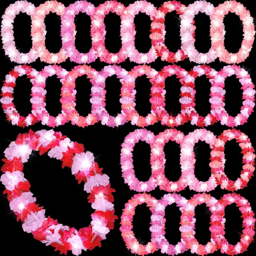 Vista 15 de Sherr 24 piezas de collares de flores hawaianas con luces LED para boda, luces LED para luau, collares de flores hawaianas para playa, carnaval
