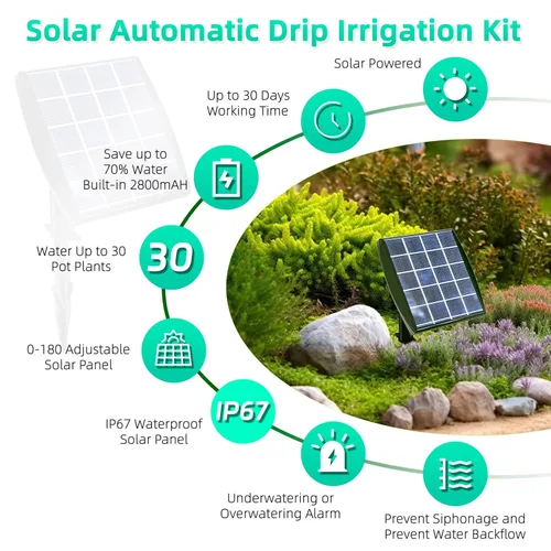 Vista 2 de Sistema de riego por goteo alimentado por energía solar, accesorios de invernadero al aire libre, compatible con 15 macetas y 6 modos de temporizador
