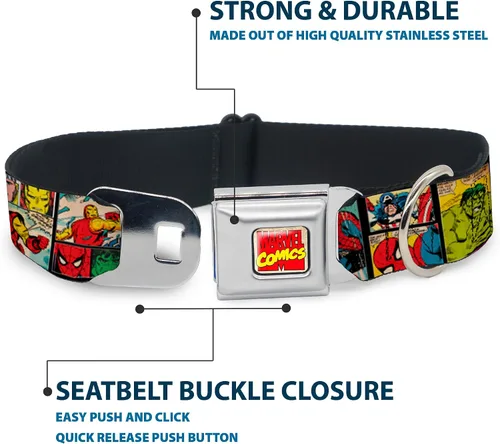 Vista 4 de Buckle-Down Collar de perro con hebilla para cinturón de seguridad, diseño de cómic, color negro y amarillo, 1 pulgada de ancho, se adapta a cuello