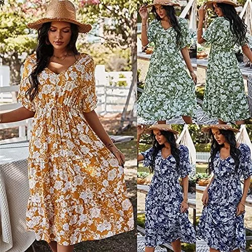 Vista 8 de Vestido casual de manga corta con cuello en V y estampado floral para mujer, con cintura y dobladillo plisado suelto con dobladillo de hoja de loto