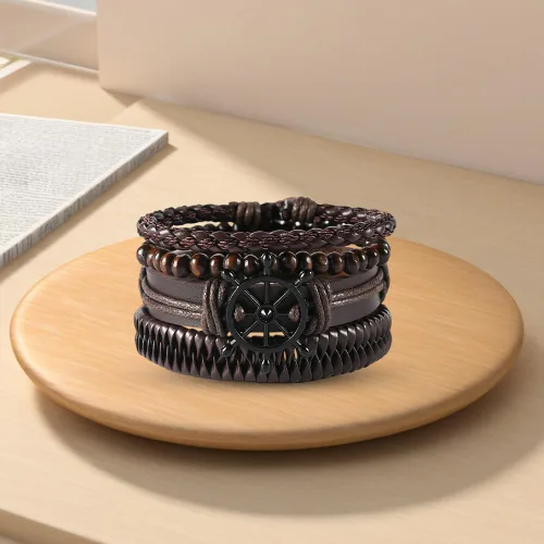 Vista 3 de GORGECRAFT Handmade PU Leather Bracelets Flat Round Braided Cuff Bangle Multi Layers Wood Beads Wrap Bracelet