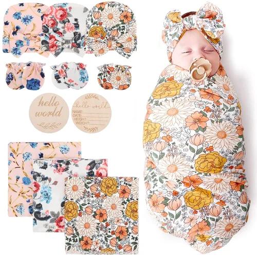 Vista 33 de DRESHOW BQUBO - Conjunto de gorro de algodón para bebé, manta para recién nacido, con orejas de oso, tarjeta de anuncio de nacimiento de madera