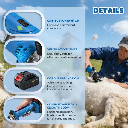 Vista 6 de Tijeras de ovejas inalámbricas 550 W 2400 RPM profesional recargable cortadora de corte 21 V con 6 velocidades, para afeitar lana de piel en ovejas
