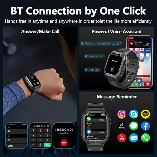 Vista 2 de Reloj inteligente para hombre, relojes inteligentes militares con GPS con llamada/texto, monitor de salud (frecuencia cardíaca/spO2/sueño), Negro