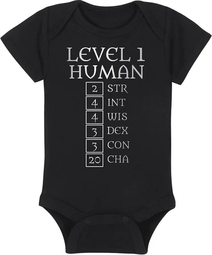 Vista 22 de Level 1 Human with Ability Scores - Gaming Baby Onesie - Hat - Blanket - Bib Package Combinations