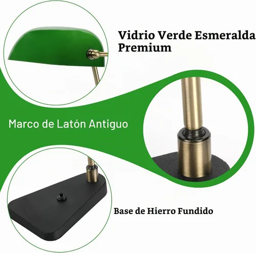 Vista 4 de Lámpara de escritorio Green Bankers, marco de latón antiguo y base
