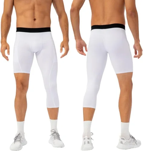 Vista 27 de Pantalones de compresión para hombre, mallas de compresión de una pierna para baloncesto, capri 3/4, leggings atléticos, capa base de secado fresco