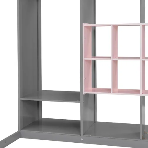 Vista 6 de Merax Cama tipo loft de madera con armario, estantes y gabinete, tamaño individual, gris+rosa