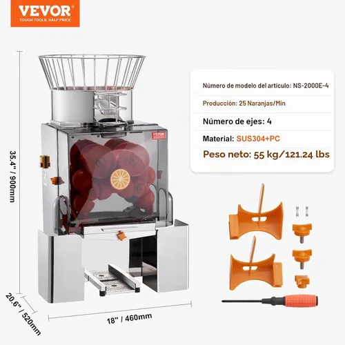 Vista 7 de VEVOR Máquina Exprimidora de Naranja Comercial, Extractor de Jugo de Alimentación Automática de 120W, Extractor de Jugo de Acero Inoxidable para 25