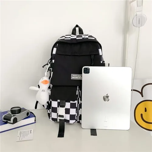 Vista 6 de Mochila kawaii mochila escolar estudiante mochila de gran capacidad a cuadros en blanco y negro mochila campus linda para niñas, Púrpura, Classic