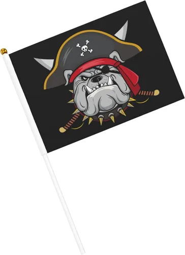 Vista 2 de Bandera de mano de bulldog pirata 5.5x 8 pulgadas, bandera pequeña de palo mini, para interiores y exteriores, decoración para fiestas, paquete de 10