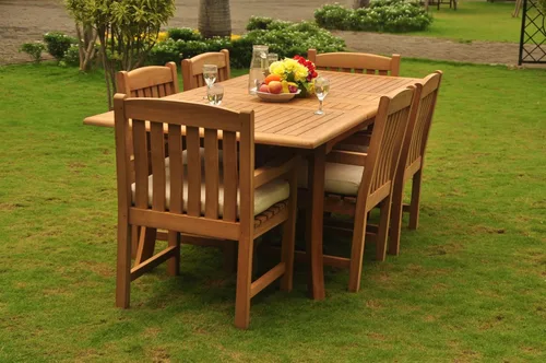 Vista 4 de Juego de comedor de madera de teca de 6 plazas, 7 piezas: mesa rectangular de comedor de doble extensión de 9.0 in y 6 sillas de brazo Devon