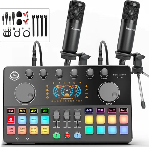 Vista 9 de Paquete de equipo de podcast, interfaz de audio RGB con micrófono de condensador de estudio de 0.138 in, soporte de trípode para PC, teléfono