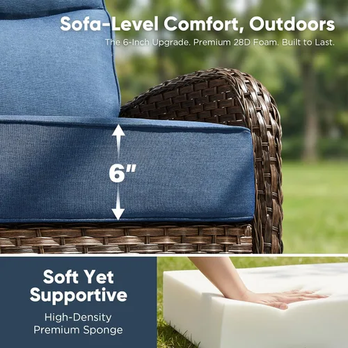 Vista 2 de HUMMUH Sofá de mimbre para patio al aire libre con otomanas, 3 piezas Marrón/Azul