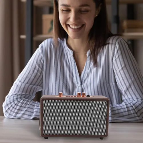 Vista 2 de Altavoz portátil retro, altavoz vintage de piel sintética con 10 W x 2 altavoces duales, tiempo de reproducción de 8 horas de duración, entrada