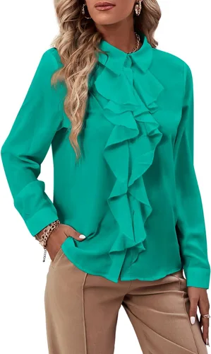 Vista 31 de LYANER - Blusa de manga larga con cuello de botón y volantes en la parte delantera para mujer