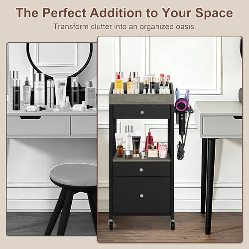 Vista 5 de Carrito organizador de maquillaje con 3 cajones, carrito de almacenamiento de cosméticos rodante con divisores ajustables, soporte de herramientas
