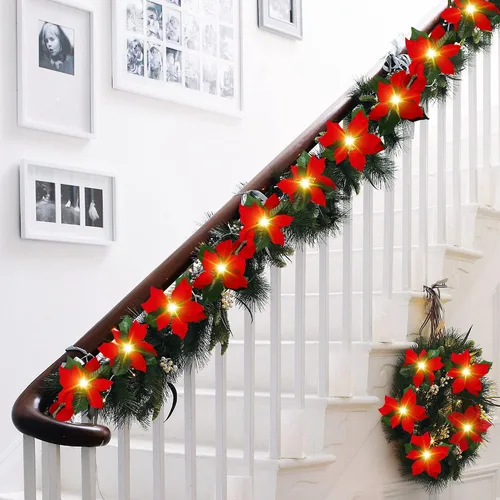 Vista 3 de Guirnalda de Pascua roja LED de Navidad con luces blancas cálidas de 14 pies, flores de Pascua artificiales para decoración navideña, temporizador