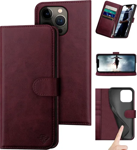 Vista 10 de DuckSky Funda tipo cartera de piel auténtica para iPhone 14 Pro Max de 6.7 pulgadas. Bloqueo RFID. 4 tarjeteros de crédito. 【Cuero auténtico】 Funda
