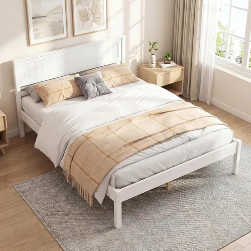 Vista 8 de KOMFOTT Base de cama de plataforma de madera de tamaño completo con cabecero, marco de cama de madera de mediados de siglo de 16 pulgadas con Marrón