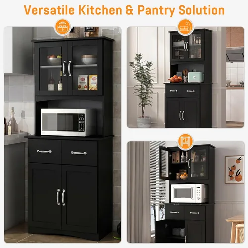Vista 6 de 67" Kitchen Pantry Cabinet with Glass Doors & Drawers Adjustable Shelves, Anti-Tip Safety, Space-Saving for Small Kitchens, Easy-Clean, Perfect