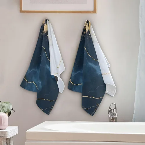 Vista 5 de Bolaz Juego de 2 toallas de mano para baño, algodón azul marino con vetas doradas, decorativas, 28 x 14 pulgadas, absorbentes y suaves