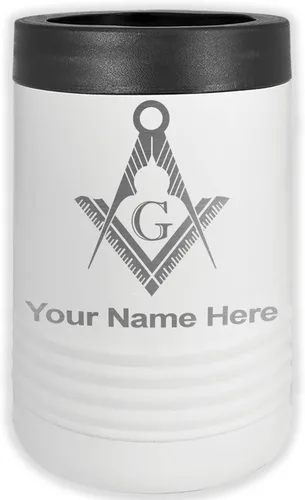 Vista 18 de LaserGram Aislador personalizado de latas y botellas de acero inoxidable, símbolo masón, mantiene las bebidas frías durante más tiempo (negro)