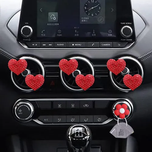 Vista 4 de Clips de ventilación con corazón brillante, 6 piezas de ambientadores de coche en forma de corazón rojo, decoración interior de coche con diamantes
