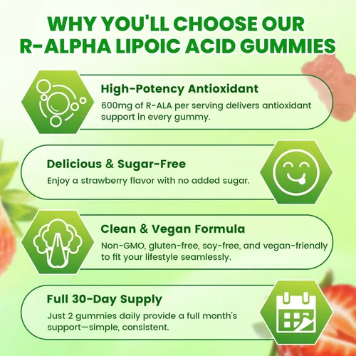 Vista 5 de R Gomitas de ácido alfa lipoico, ácido R-alfa lipoico estabilizado, suplemento ALA para apoyo antioxidante y metabolismo, veganas, sin OMG, sin