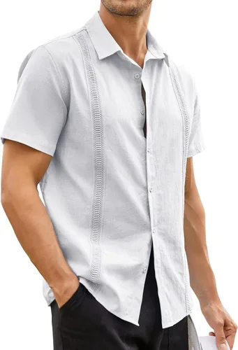 Vista 3 de Hestenve Guayabera - Camisas casuales de lino y algodón con botones de manga corta para hombre, camisa hawaiana cubana de verano, playa, trabajo