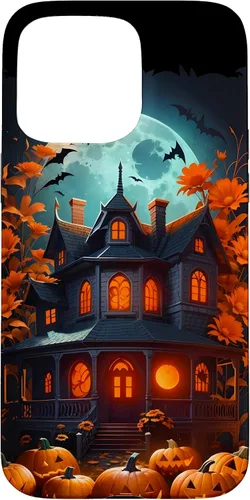 Vista 28 de iPhone 16 Halloween Spooky Haunted House Bats & Carved Pumpkins Case