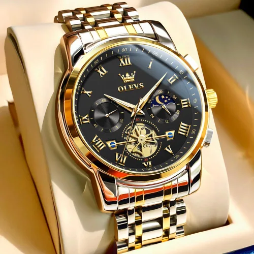 Vista 4 de OLEVS Relojes para hombre impermeables de acero inoxidable con pulsera ajustable, reloj analógico de cuarzo para hombre, moda de negocios, clásico