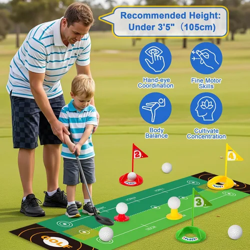 Vista 5 de Juego de golf para niños mejorado con palos de golf para niños con dinosaurio, devueltor automático de golf para niños pequeños con bolas luminosas