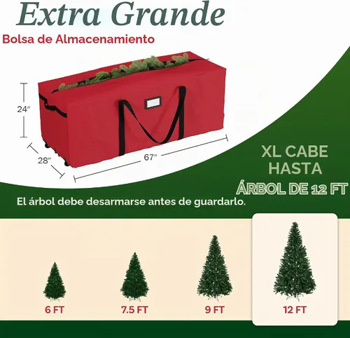 Vista 3 de Bolsa de almacenamiento prémium Elf Stor para árbol de Navidad, bolsa con ruedas, Tela, Rojo, Extra grande