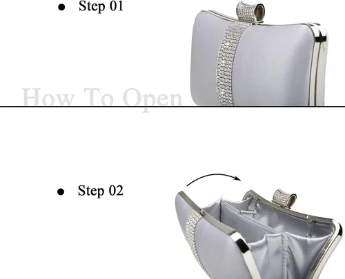 Vista 7 de DA BODAN Bolso de mano Jane de satén con diamantes de imitación para mujer para noche novia graduación fiesta bolso cruzado con cadena