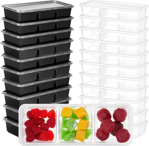 Vista 12 de Hushee Paquete de 5 recipientes pequeños de 17 onzas con 3 compartimentos para aperitivos con tapa, caja Bento de plástico desechable, cajas de Negro