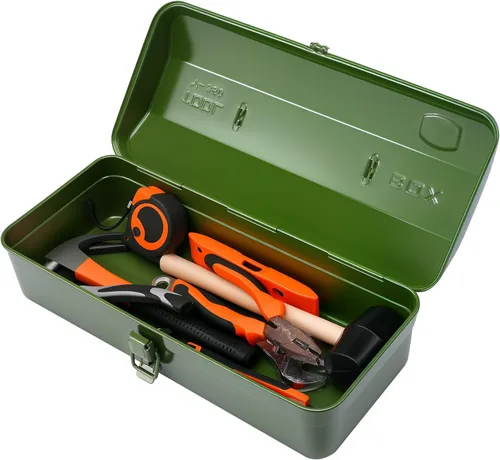 Vista 9 de Caja de almacenamiento de herramientas grande de metal con asa para taller, caja de herramientas portátil de 15 pulgadas con tapa, caja organizadora
