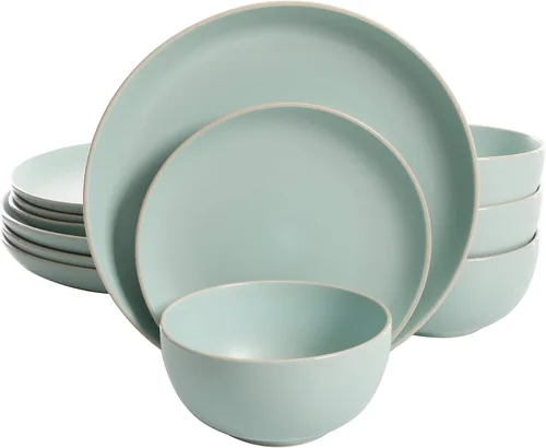 Vista 4 de Gibson Home Rockaway - Juego de vajilla de 12 piezas para 4, color gris mate + verde azulado mate