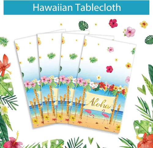Vista 3 de Manteles hawaianos Luau de plástico hawaiano con flamenco hawaiano, Aloha Luau, para fiesta, Aloha y hojas de palmera tropicales, mantel de flamenco