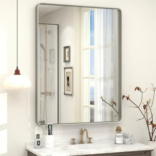 Vista 28 de Paquete de 2 espejos de baño con marco de metal negro de 22 x 30 pulgadas, espejo rectangular redondeado negro mate, antioxidante, se cuelga