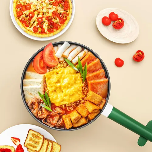Vista 6 de Olla eléctrica con vapor, sartén antiadherente portátil con doble control de potencia, cocina eléctrica Shabu Shabu para fideos, avena, pasta