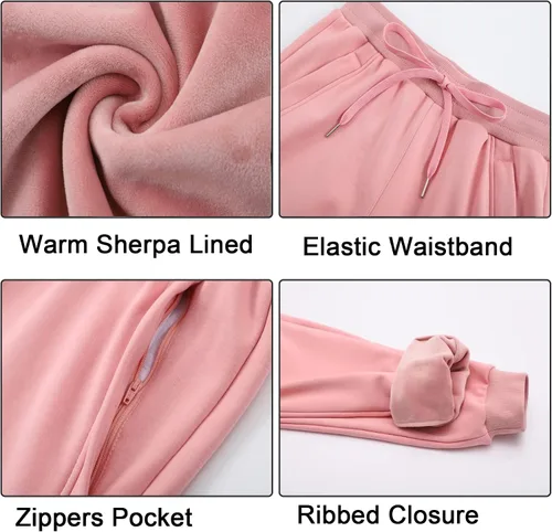 Vista 33 de MOUEEY Pantalones deportivos súper cálidos con forro de sherpa para mujer, pantalones deportivos de forro polar con bolsillos con cremallera