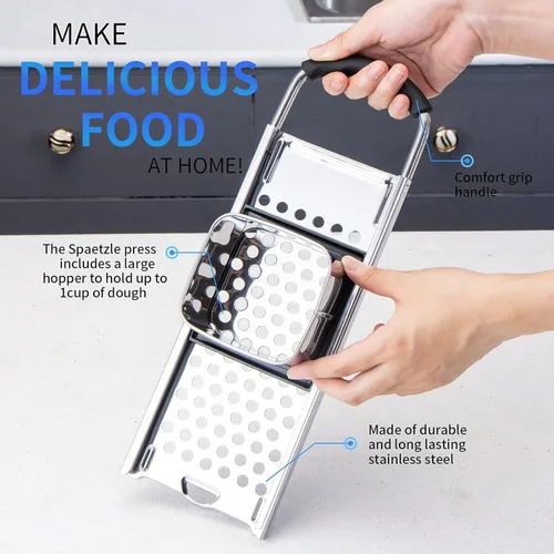Vista 2 de Spaetzle Maker de acero inoxidable de grado premium ensanchado mango de plástico hecho en casa bola de masa de fideos de huevo tamaño perfecto