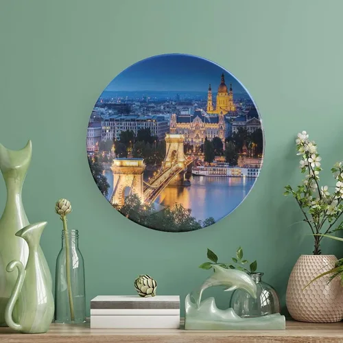 Vista 5 de XISUNYA Plato decorativo de 6 pulgadas, placa de porcelana con paisaje urbano, puente histórico antiguo en Budapest, impresión tradicional europea