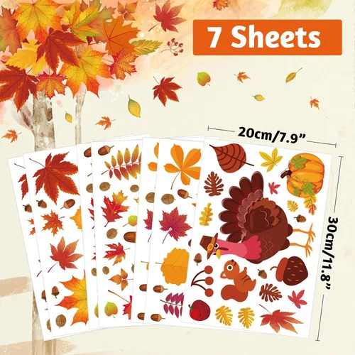 Vista 2 de 164 calcomanías de otoño para ventanas de vidrio, calcomanías de hojas de arce para ventana de otoño, decoración de otoño para Acción de Gracias