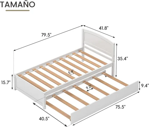 Vista 2 de Cama nido individual, marco de cama extraíble de madera maciza, cama de día extensible con cabecera y soporte de listones de madera sólida Blanco