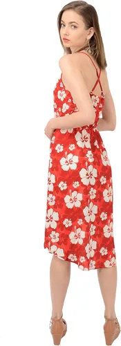 Vista 4 de CowCow Vestido de verano con cuello en V para mujer, diseño de hibisco hawaiano, flores tropicales, floral, vestido de gasa con cuello halter, Verde