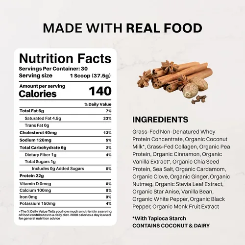 Vista 4 de JUST INGREDIENTS Chai Proteína en polvo – Mezcla de 30 porciones con suero 100% alimentado con pasto y proteínas vegetales orgánicas – Sabor cálido