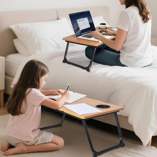 Vista 9 de Mesa de cama ajustable para laptop con soporte para libros, escritorio portátil de lectura con panel lateral, grano de madera